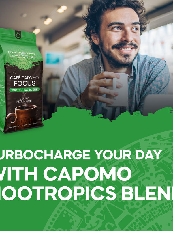 Cafe Capomo Focus - Nootropic  Blend  -Coffee Alternative, Maya Nut Herbal Coffee Substitute, Caffeine-free  - Medium Roast 11 oz - 25 Years of Premium Service.